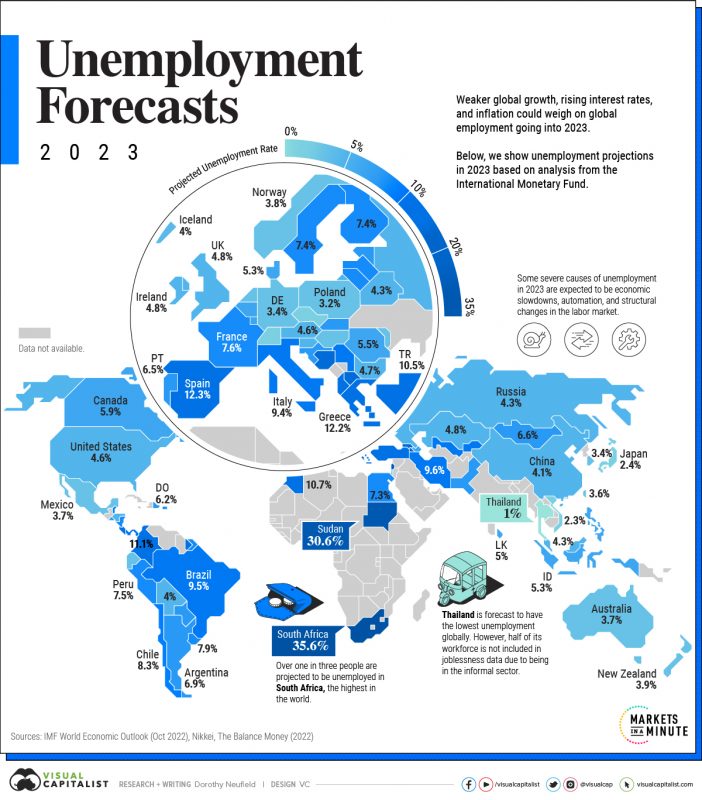 Карта: Уровень безработицы в разных странах мира в 2023 году