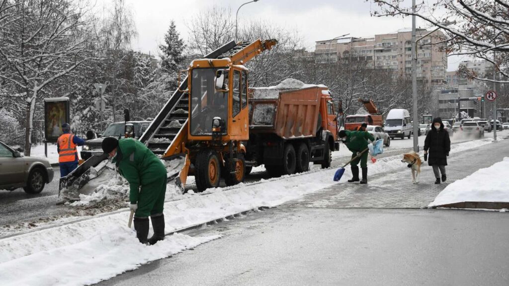 Женщина идет с собакой по тротуару пока коммунальные службы убирают снег с дороги в Алматы