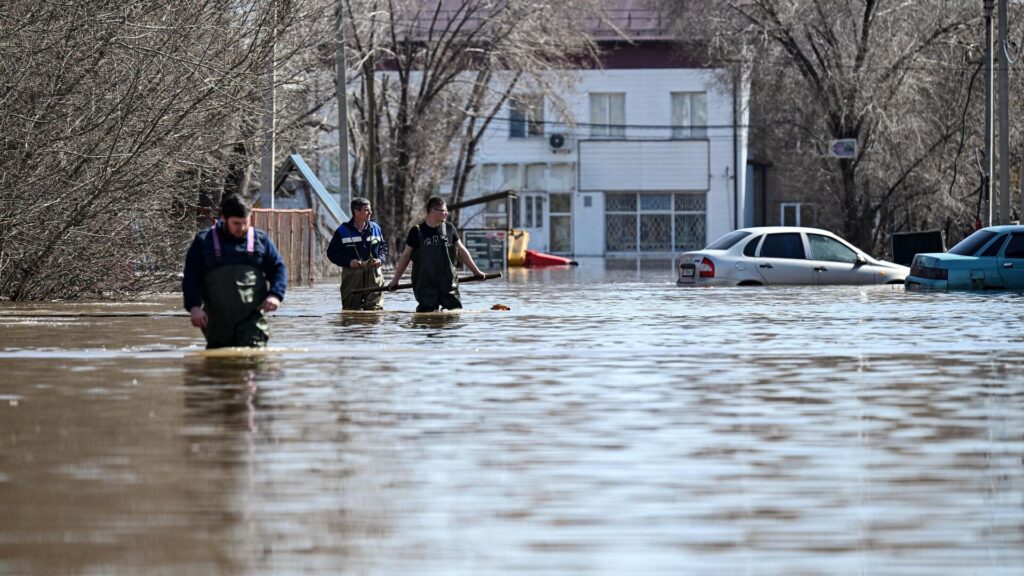 Люди идут по пояс в воде в Оренбурге