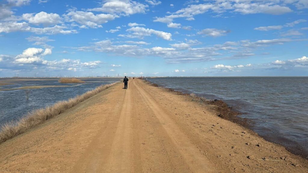 Человек идет по восстановленной дороге в Акмолинской области