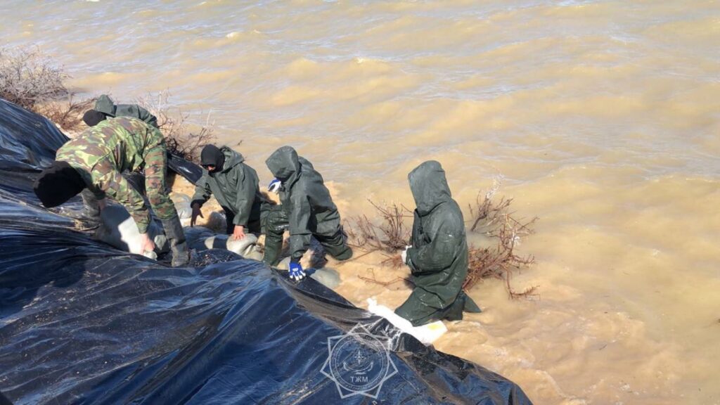 Люди укрепляют берег водохранилища