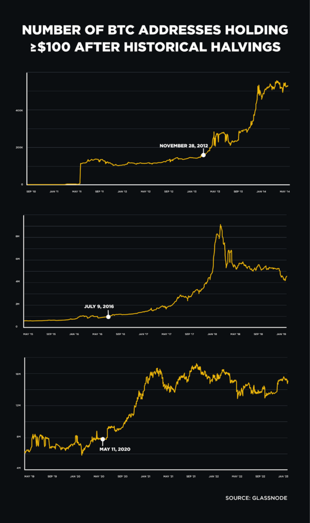 NUMBER OF BTC ADDRESSES HOLDING
>0 AFTER HISTORICAL HALVINGS