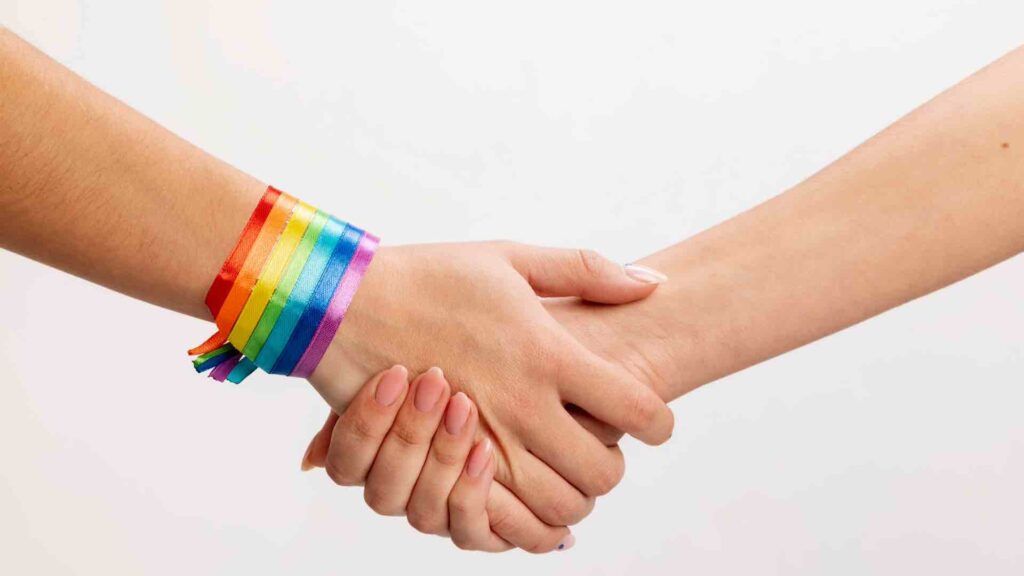 Две девушки держатся за руки с флагом ЛГБТ
