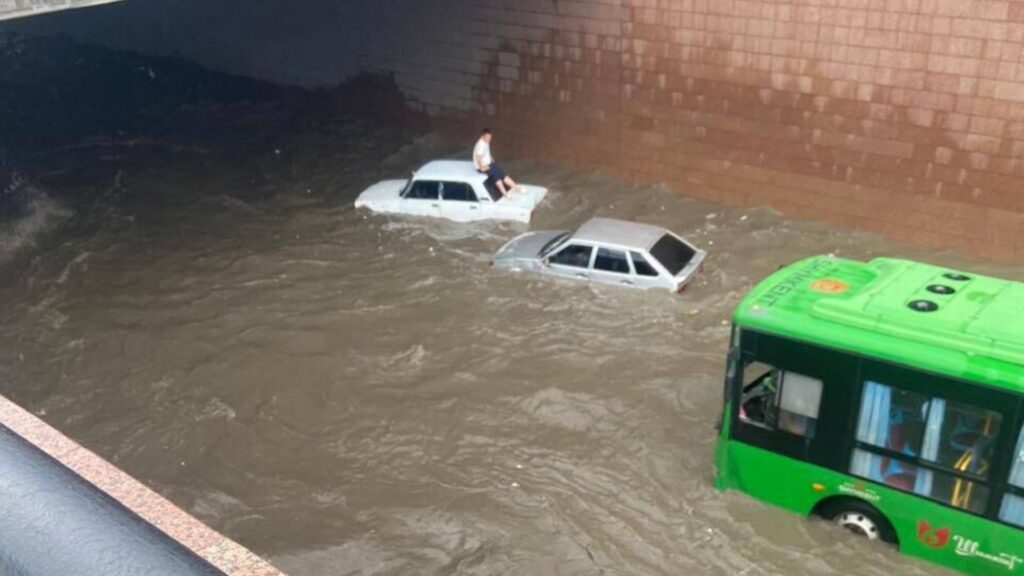 Водитель сидит на крыше автомобиле в Шымкенте