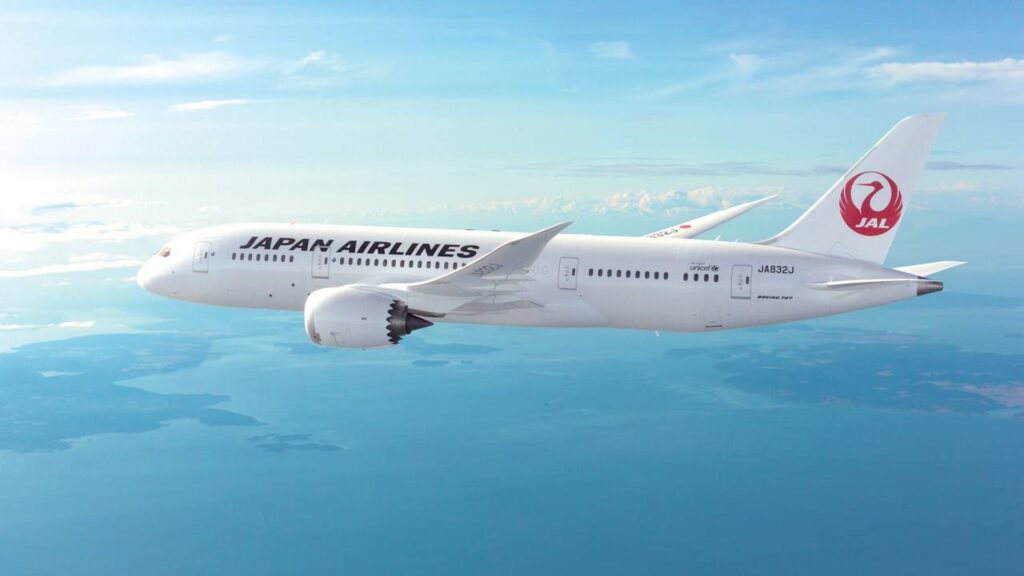 Вид на самолет Japan Airlines в небе